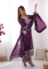 Chinon Silk Fabric Straight Fit Kurta With Dupatta Set