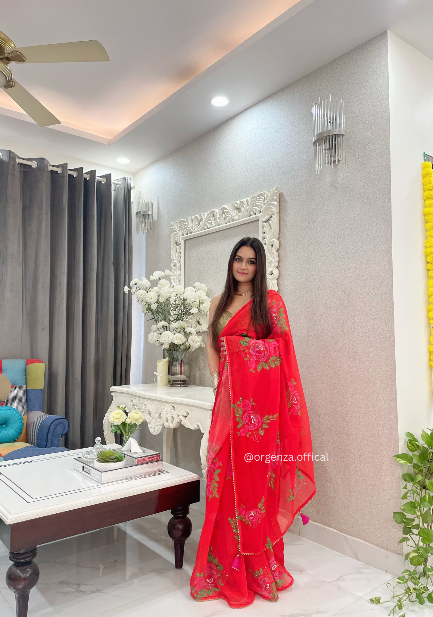 Georgette Silk Saree With Floral Hand Work - Orgenza Store