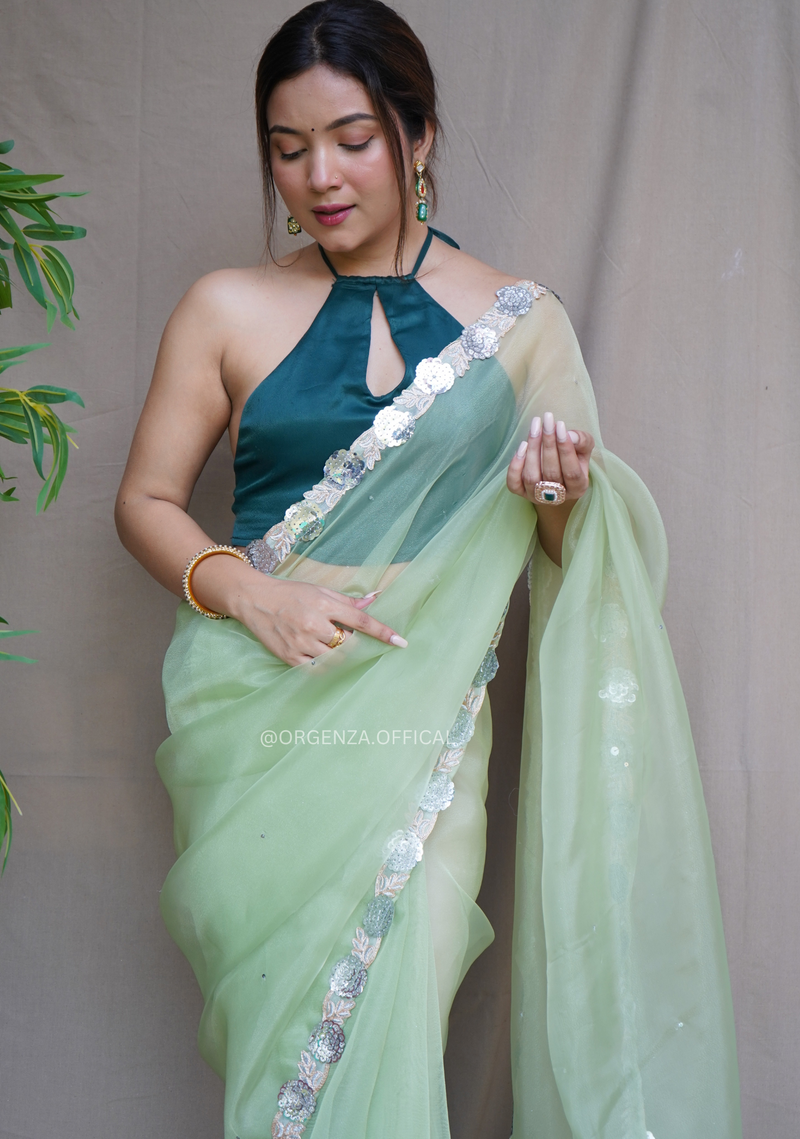 Sea Green Organza Saree with Heavy Embroidery | Organza saree, Designer  saree blouse patterns, Saree