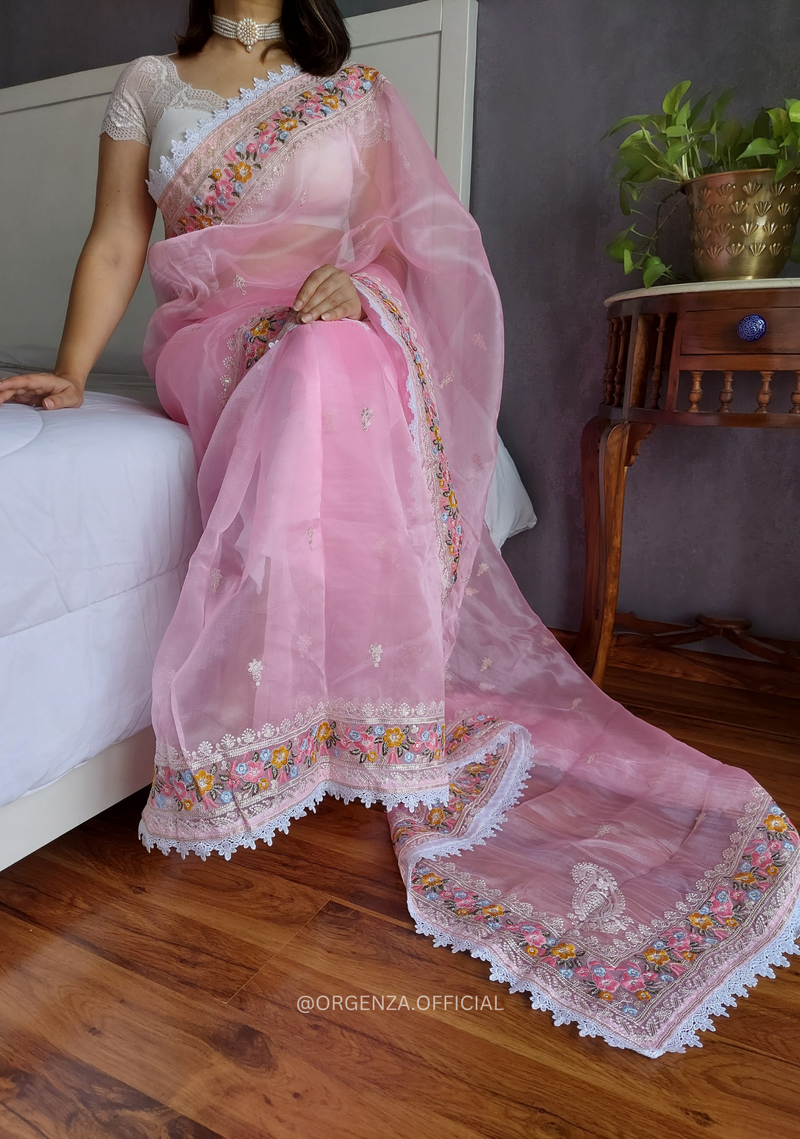 Organza Silk Saree With Embroidery Work