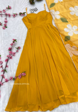 Mustard Yellow Georgette Silk Flair Kurtis With Dupatta Set