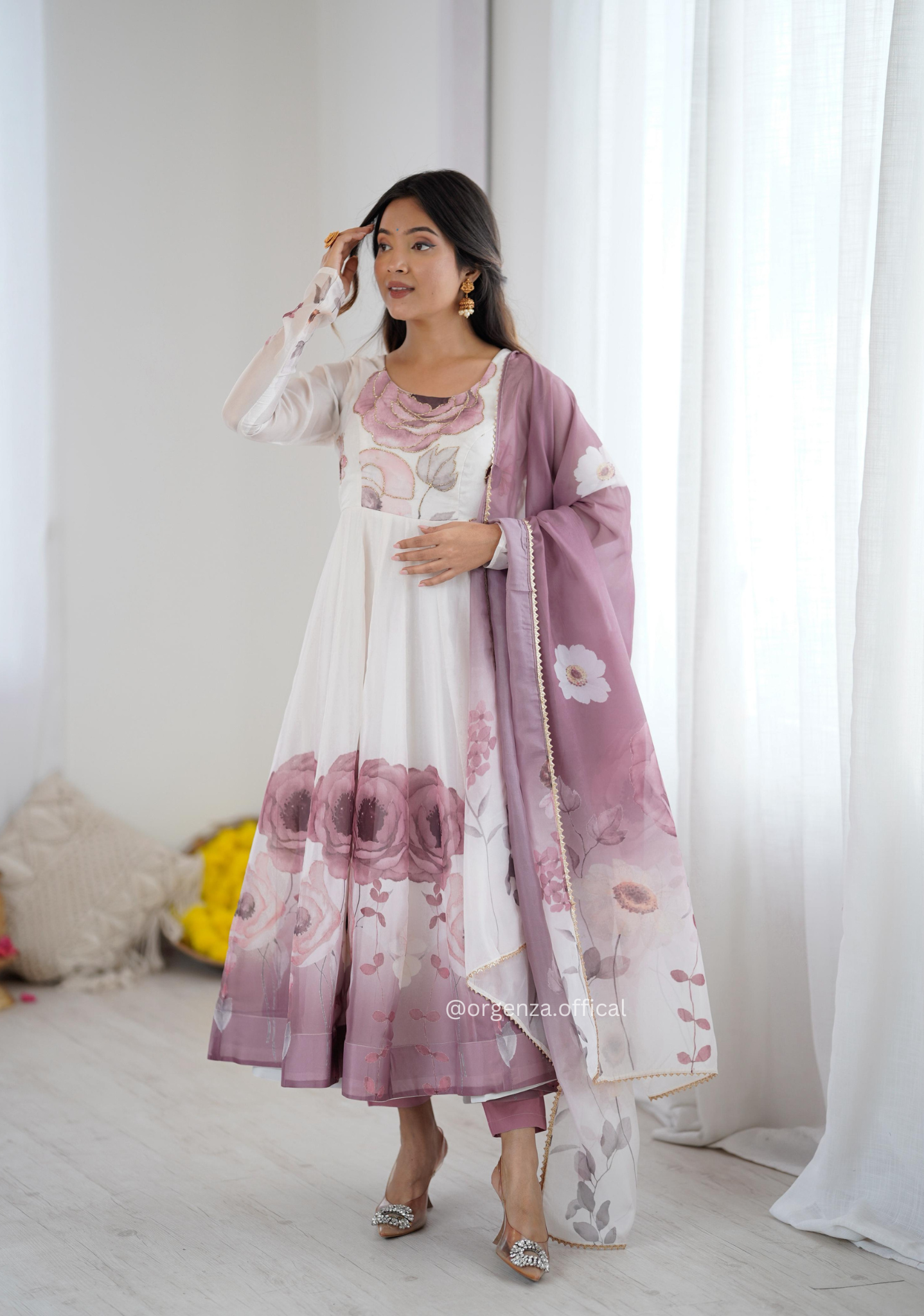 Onion Pink Colour Organza Anarkali Kurti Set