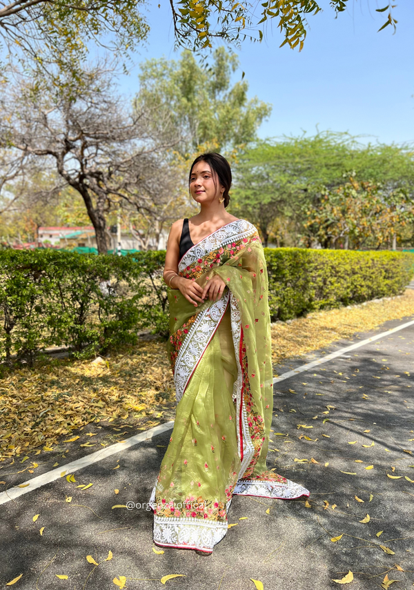 Green Color Organza Saree With Chikankari Work