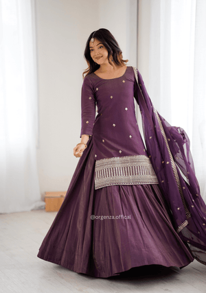 Roman Shimmer Chanderi Silk Kurta Lehenga Set with Embroidered Dupatta - Orgenza Store - digisoch