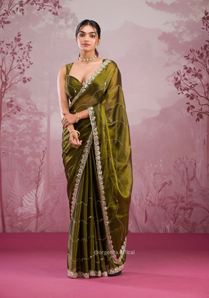 Mehndi Green Colour Jimmy Choo Saree With Mirror Work - Orgenza Store