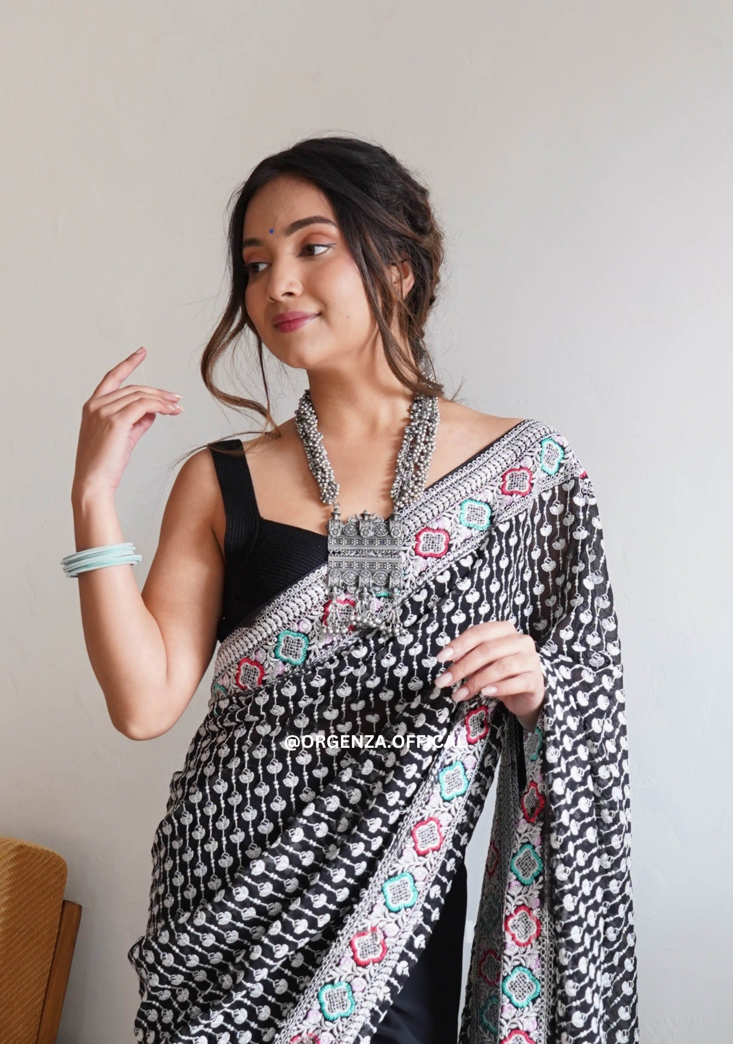 Black Pure Georgette Silk Saree With Embroidery Work - Orgenza Store