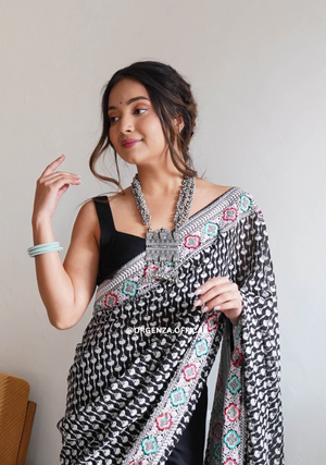 Black Pure Georgette Silk Saree With Embroidery Work - Orgenza Store