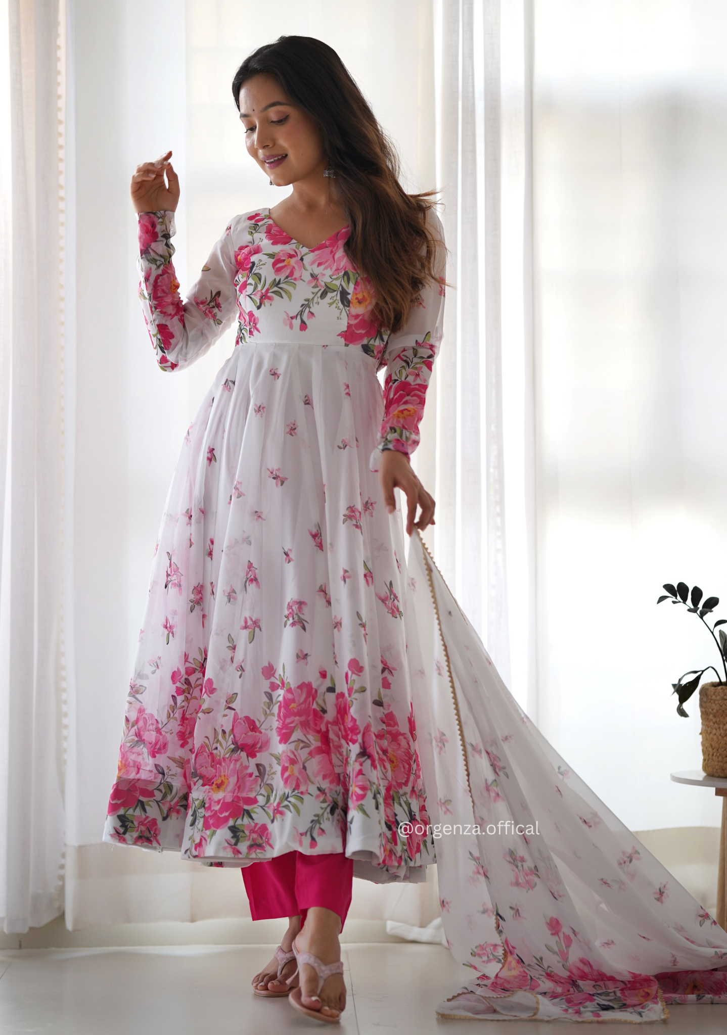 White Floral Organza Anarkali With Dupatta Set - Orgenza Store