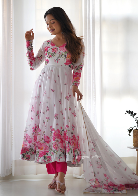 White Floral Organza Anarkali With Dupatta Set