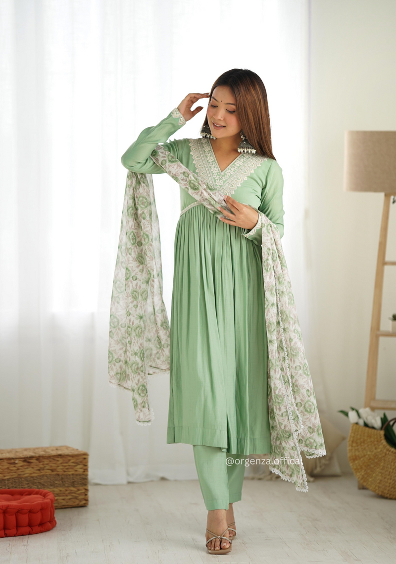 Pista Green Colour Roman Silk Kurta Set