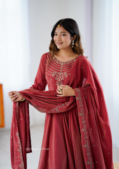 Maroon Colour Roman Shimmer Chanderi Silk Anarkali Kurti