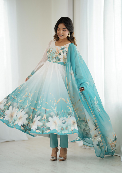 Aqua Blue Colour Organza Anarkali Kurti Set