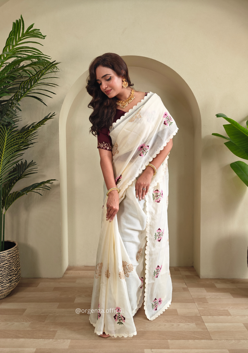 Cream Colour Kota Doriya Chex Pattern Saree