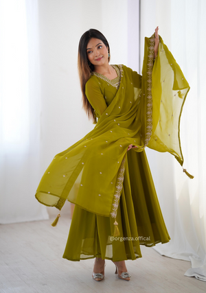 Mehndi Green Georgette Anarkali With Dupatta And Pant - Orgenza Store