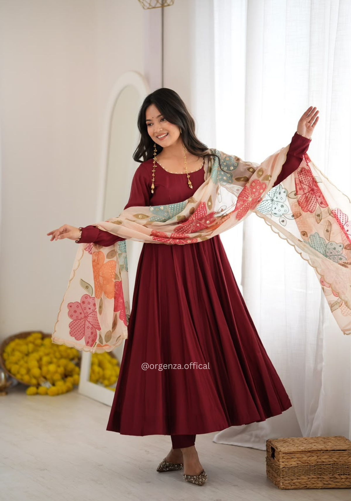 Maroon Roman Silk Anarkali Suit Set