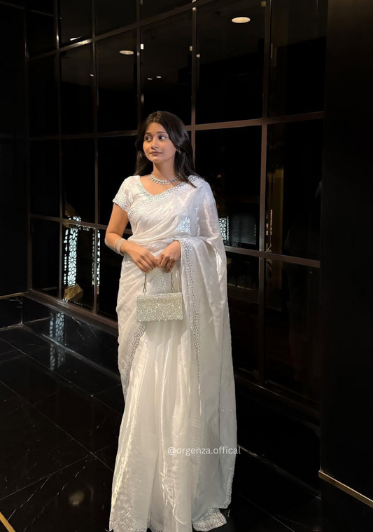White Colour Burburry Saree With Crystel Diamond Work - Orgenza Store