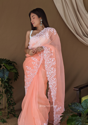 Organza Light Peach Color Pure Organza Silk And Flower Embroidery Work - Orgenza Store