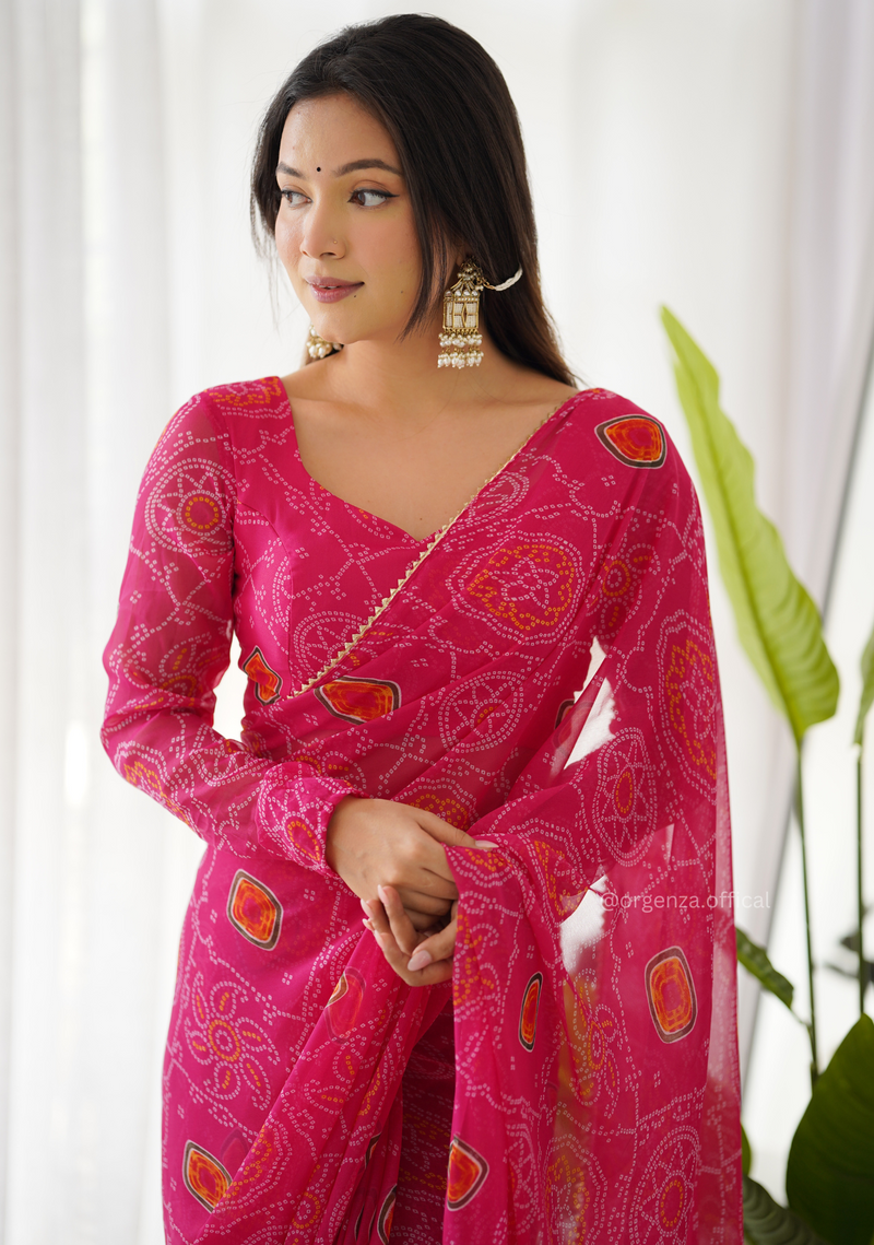 Ready To Wear Pure Chiffon Silk Saree With Bandhani Print