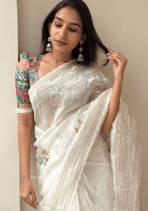 White Colour Crush Organza Saree - Orgenza Store - digisoch