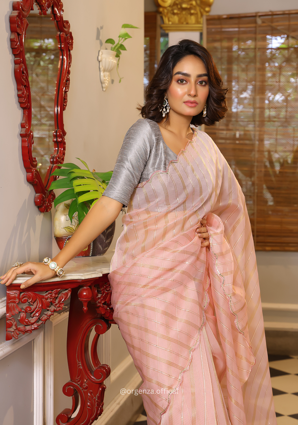 Peach Organza Saree With Weaved Work