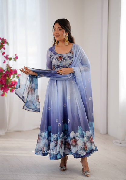 Grey Colour Organza Silk Digital Print Anarkali Kurtis