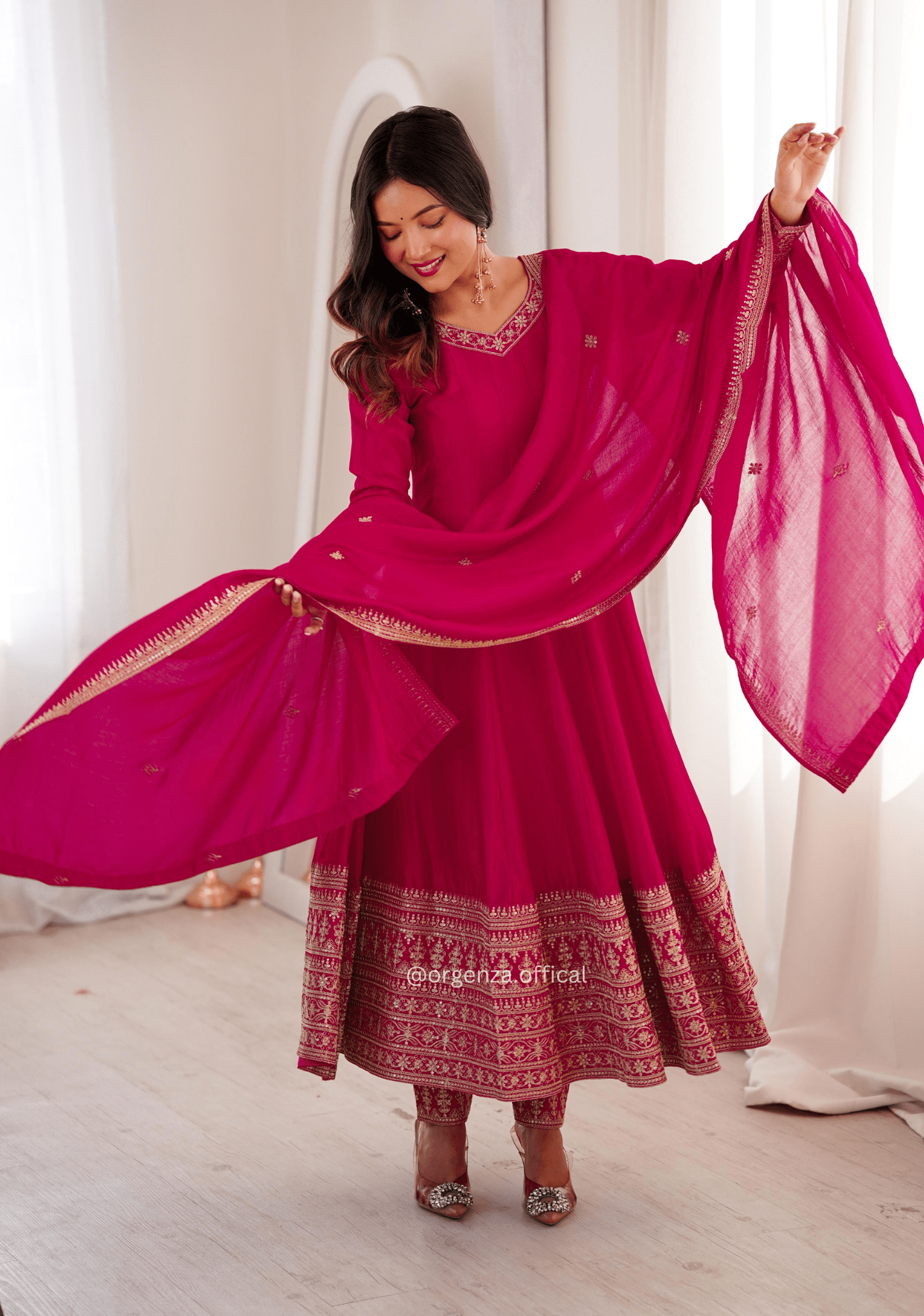Pure Blooming Vichitra Silk Anarkali Gown Set with Dupatta & Pant - Orgenza Store - digisoch