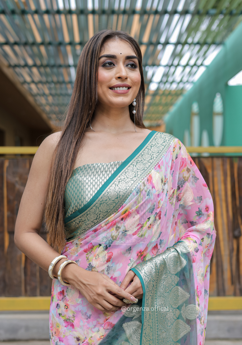 Baby Pink Georgette Saree With Viscose Border