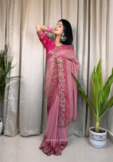 Pink Georgette Saree With Silver Weaving Lining