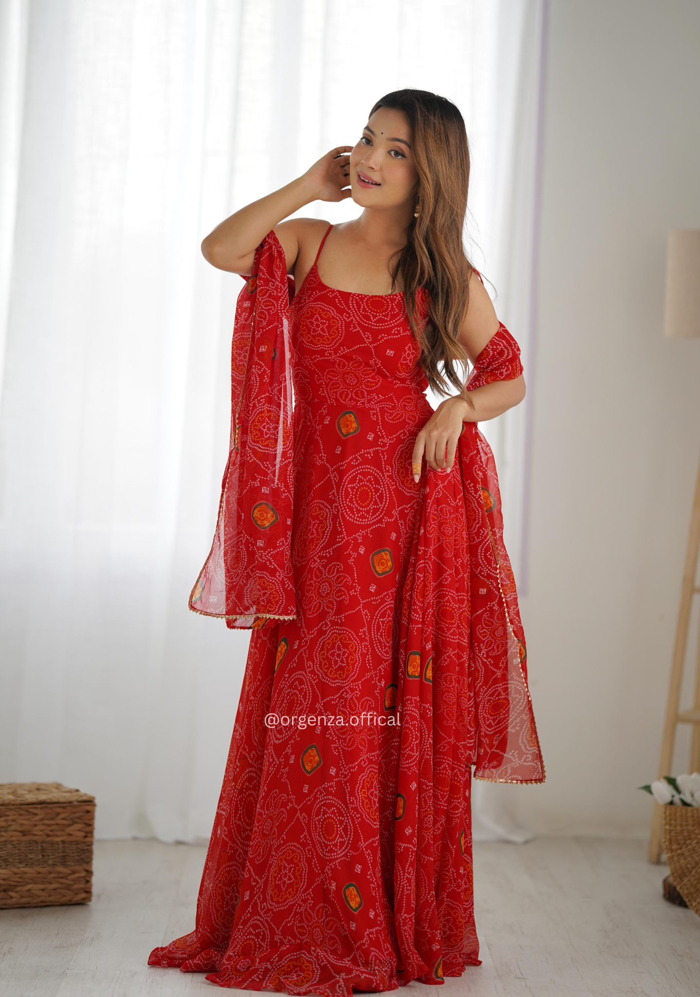 Soft Chiffon Bandhej 8-Meter Flare Gown Set – Fully Stitched