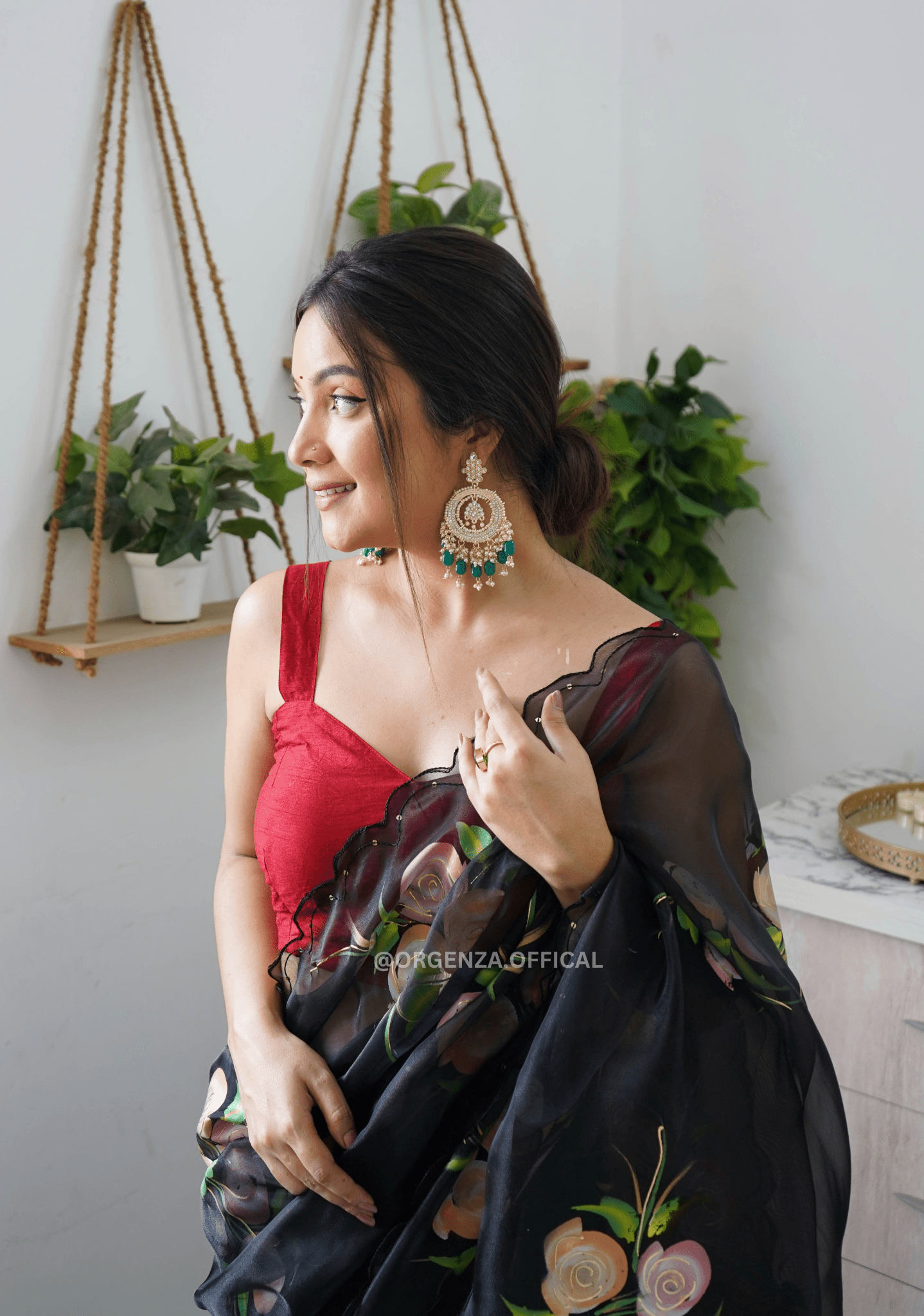 Black Hand Print Organza Saree With Blouse - Orgenza Store - digisoch