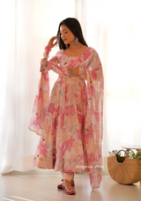 Peach flower Anarkali Kurtis With Dupatta Set