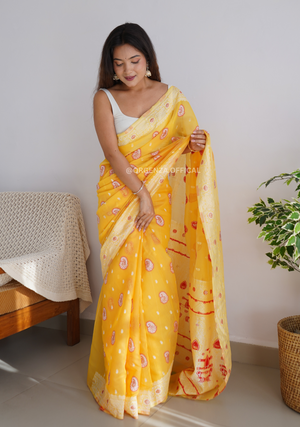 Pure Span Linen Silk Saree With Multi Thread - Orgenza Store