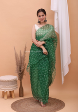 Green Organza Saree With Bandhani Print