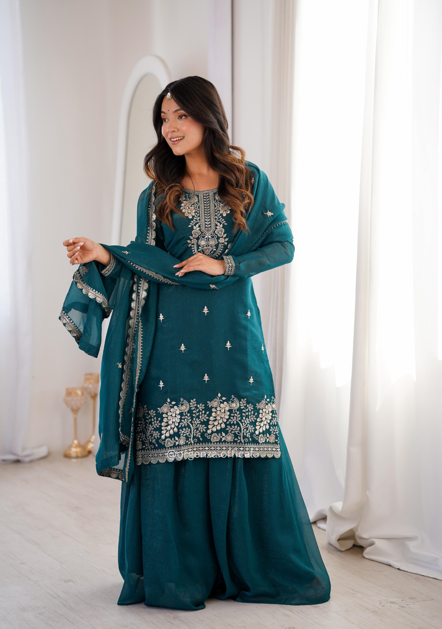 Pure Soft Crunchy Silk Sharara Set with Embroidered Kurta & Dupatta