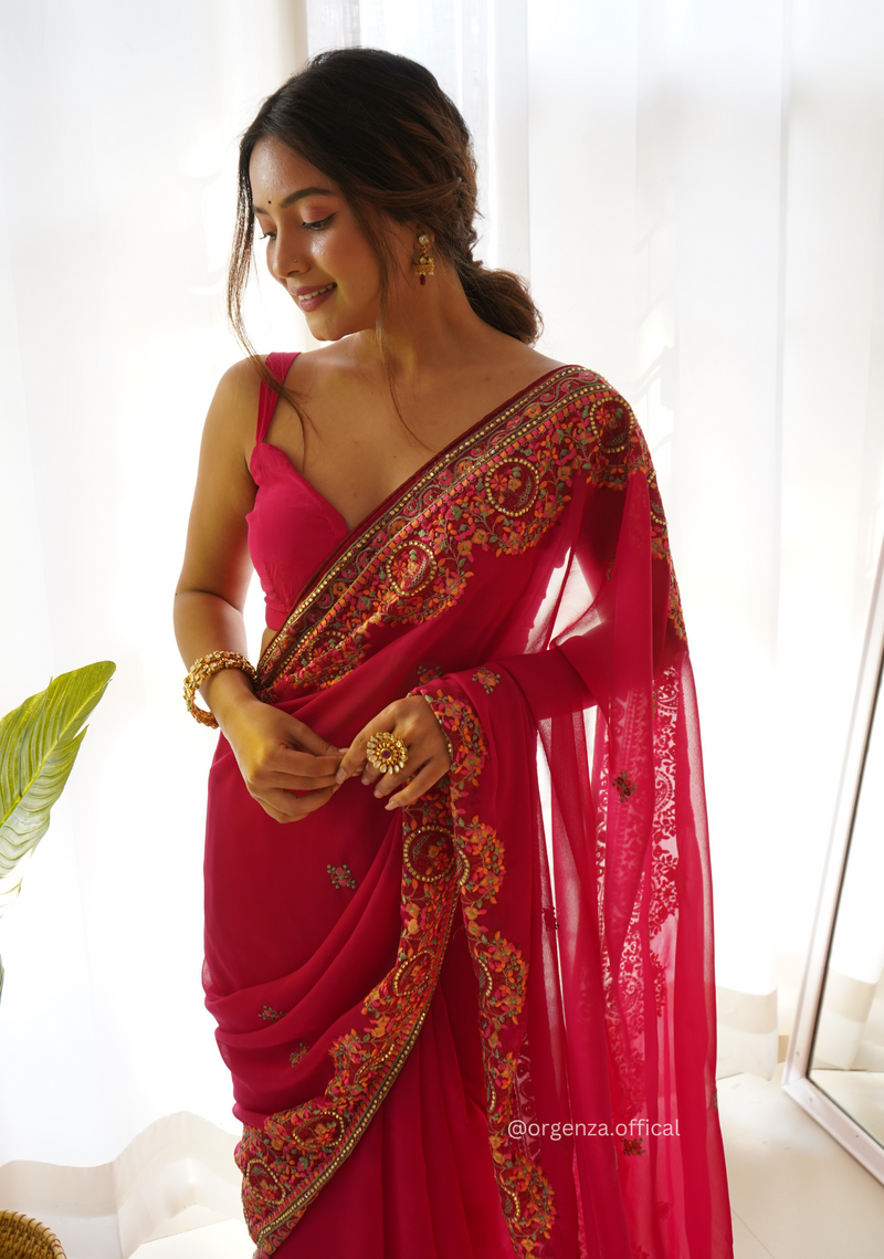 Pink Georgette Silk Saree With Embroidery Work