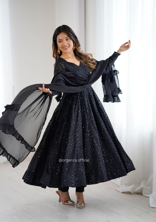 Black Fox Georgette Lucknowi Sequence Work Anarkali Suit Set