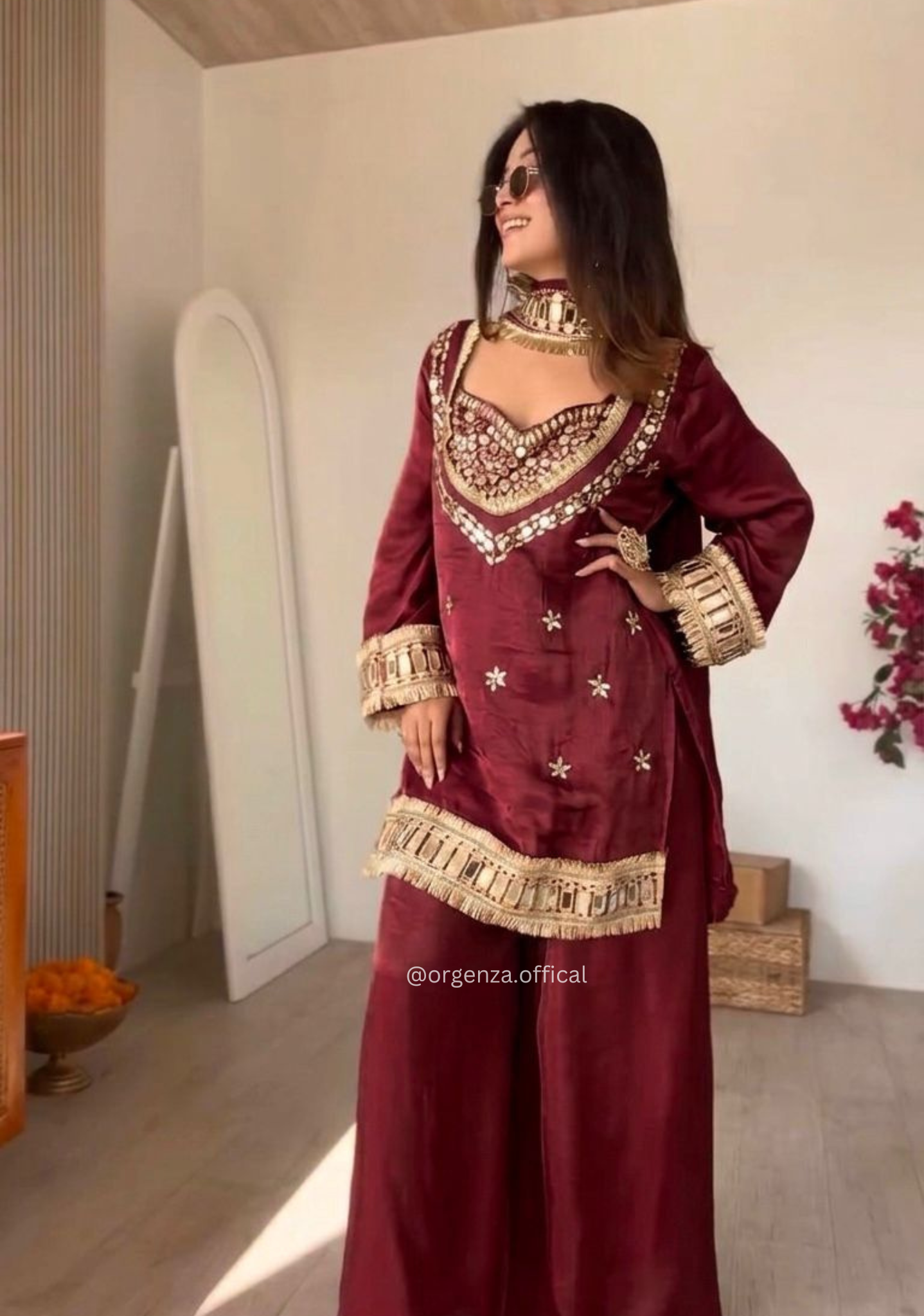 Fendy Silk Sharara Suit with Real Mirror Work & Heavy Flair Palazzo