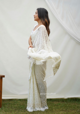 White Organza Silk Saree With Embroidery Work