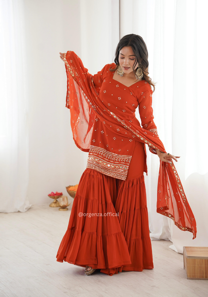 Women’s Pure Heavy Georgette Embroidery Ruffle Sharara Suit Set