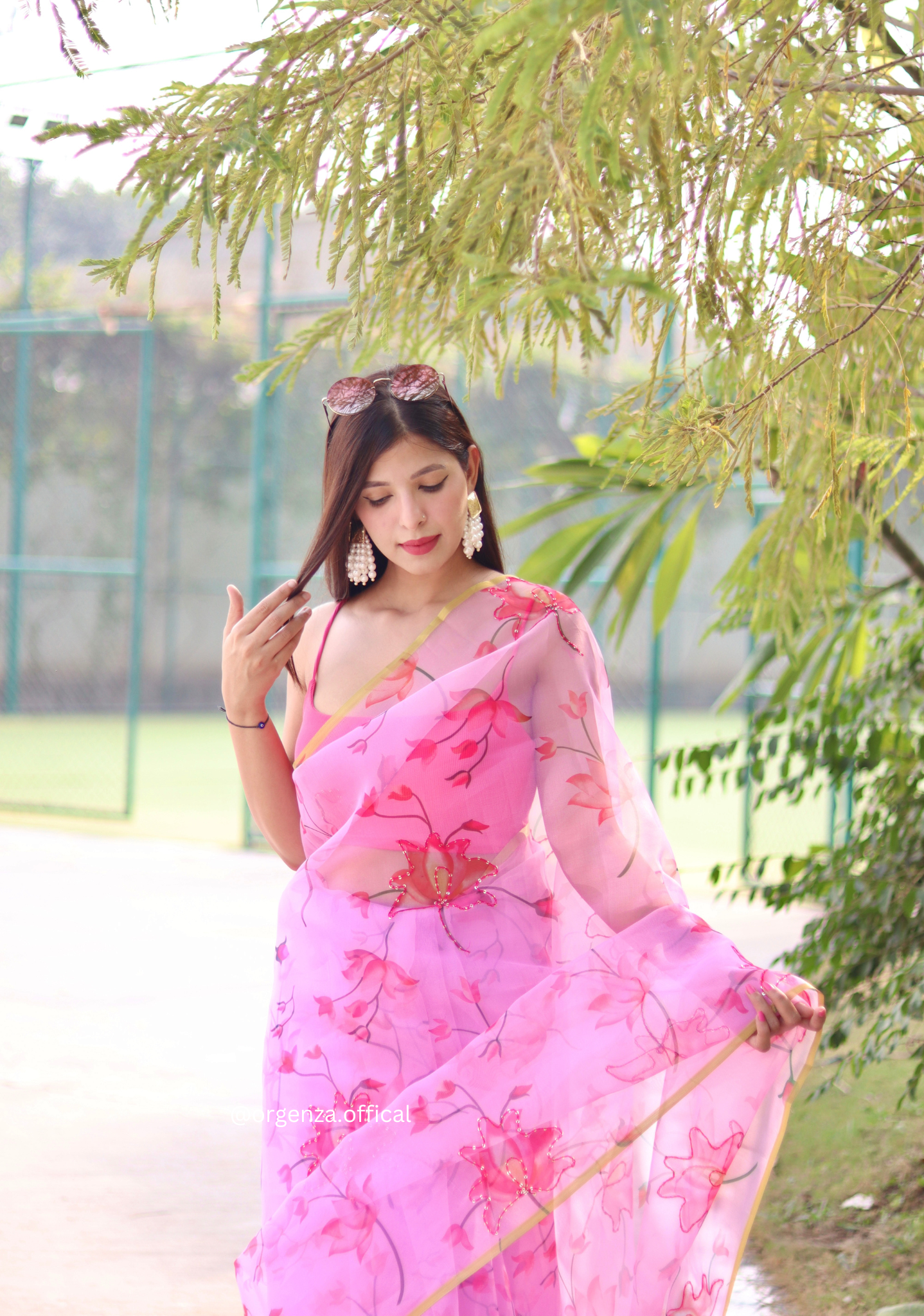 Organza Silk Saree With Floral Thread Work - Orgenza Store