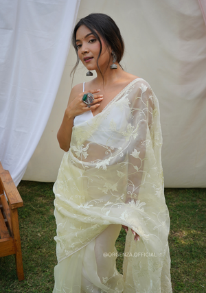 Light Yellow Organza Saree With Embroidery Work - Orgenza Store