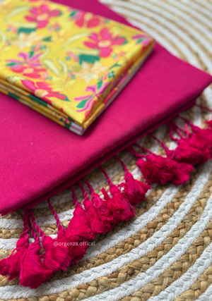 Pink Colour Cotton Saree With Pink Flower Print Blouse - Orgenza Store - digisoch