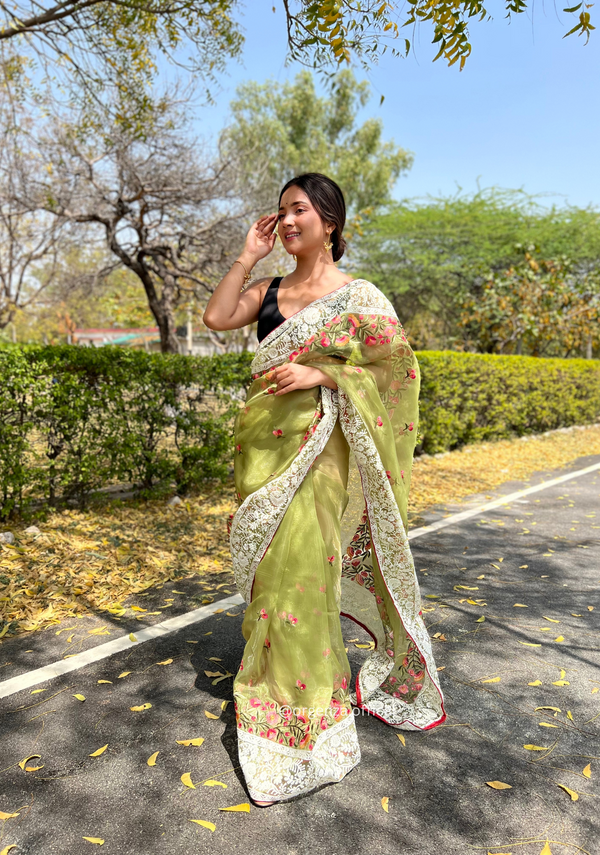 Green Organza Saree With Chikankari Work