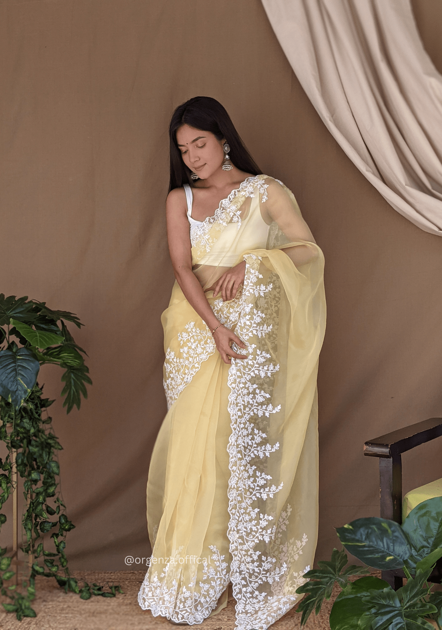Organza Light Yellow Color Pure Organza Silk And Flower Embroidery Work - Orgenza Store - digisoch