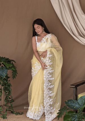 Organza Light Yellow Color Pure Organza Silk And Flower Embroidery Work - Orgenza Store - digisoch