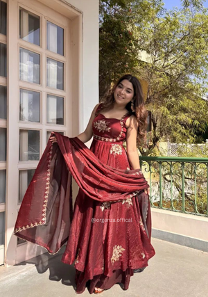 Fendy Satin Gown with Sequins & Zari Work | Designer Party Wear Ethnic Outfit for Women - Orgenza Store - digisoch