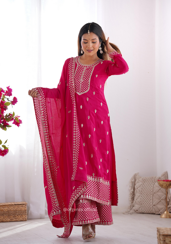 Chinon Silk Fabric Straight Fit Kurta With Dupatta Set
