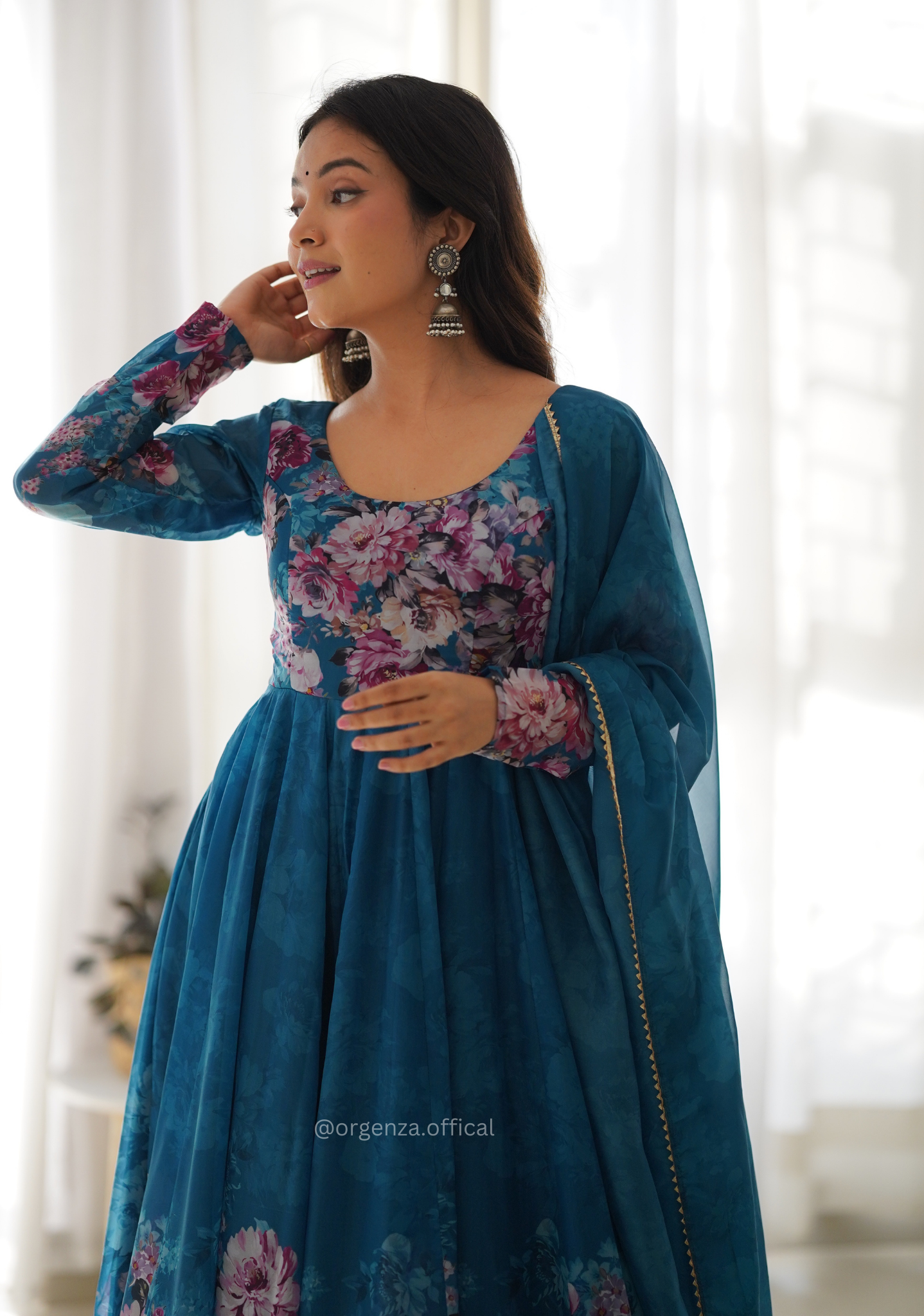 Pure Organza Anarkali Kurtis With Floral Print - Orgenza Store