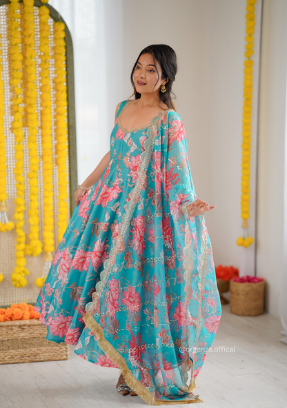 Rama Blue Colour Muslin Floral Print Anarkali Kurtis