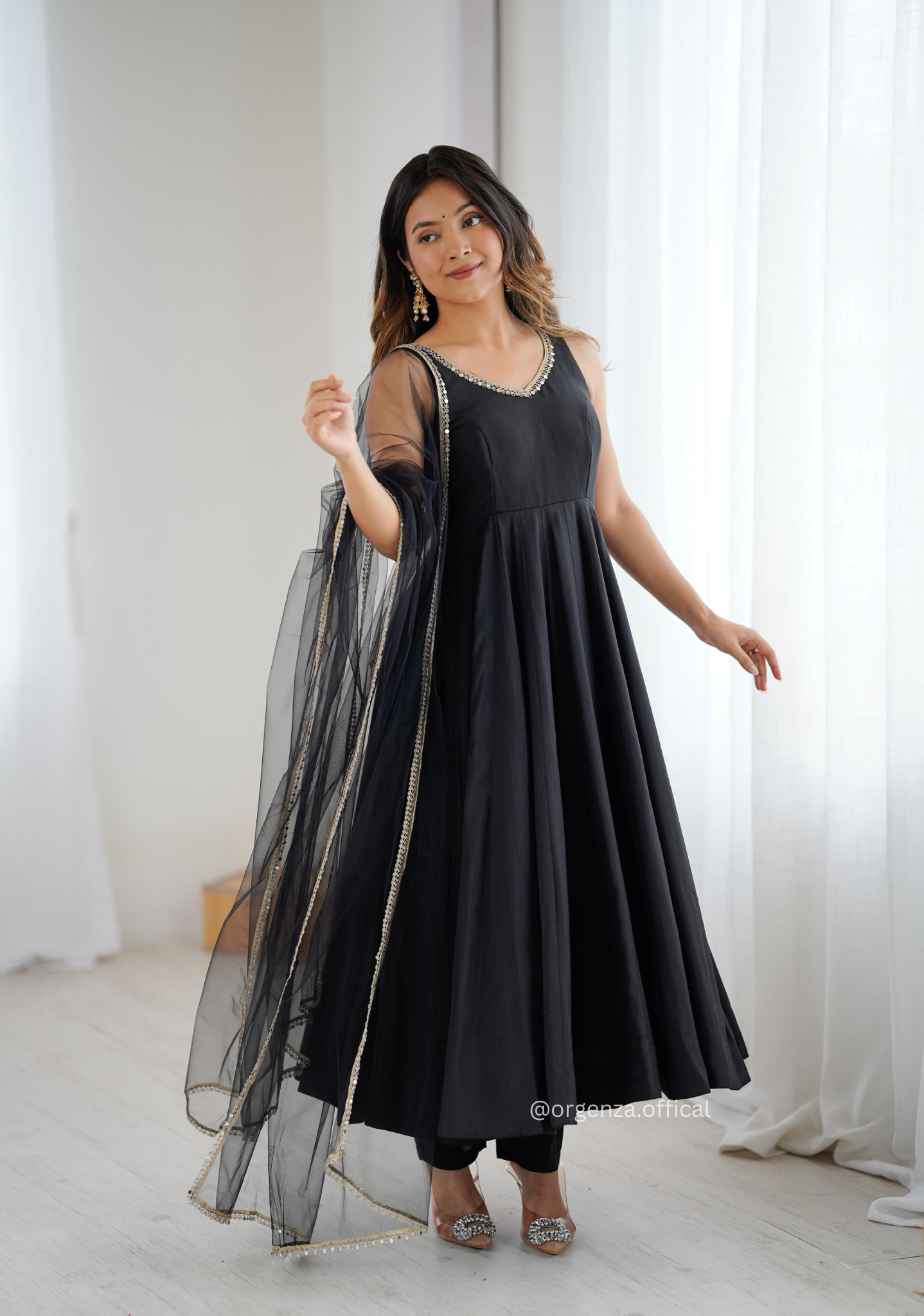 Black Colour Roman Silk Chanderi Plain Anarkali Kurti